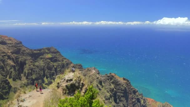 Hikers Hawaiian Mountains Kauai Island Aerial Drone — Stock Video