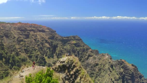 Excursionistas Las Montañas Hawaianas Kauai Isla Avión Tripulado Aéreo — Vídeos de Stock