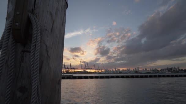 Miami Puerto Carga Atardecer Horizonte Industrial Avión Tripulado Aéreo — Vídeo de stock