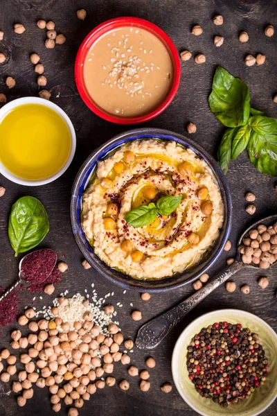 Hummus ingredientes alimentos — Fotografia de Stock