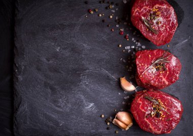 Raw filet mignon steaks with spices clipart