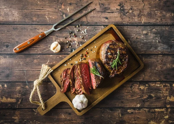 Sliced Grilled Marbled Meat Steak Filet Mignon Seasoning Fork Wooden — Stock Photo, Image