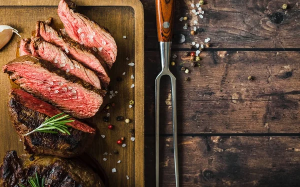 Sliced Grilled Marbled Meat Steak Filet Mignon Seasonings Fork Wooden — Stock Photo, Image