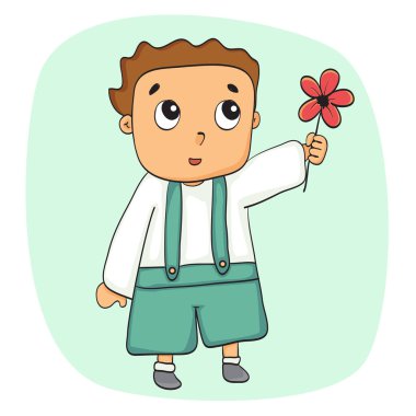 Sevimli küçük çocuk çiçek veriyor. Çocuklar için çizim. Yakışıklı çocuk çizimi. Komik çizgi film karakteri. Vektör çizimi. Beyaz arkaplanda izole
