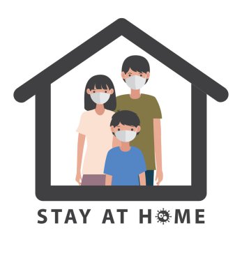 Aile, sosyal medya kampanyası ve covid-19 önlemesi: maske takan ve birlikte yaşayan aile. Motivasyon posterini karantinaya al.
