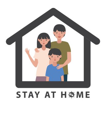 Mutlu bir aile evde kalıp sosyal medya kampanyası ve covid-19 önlemesi: aile gülümsemesi ve bir arada kalmak. Motivasyon posterini karantinaya al.