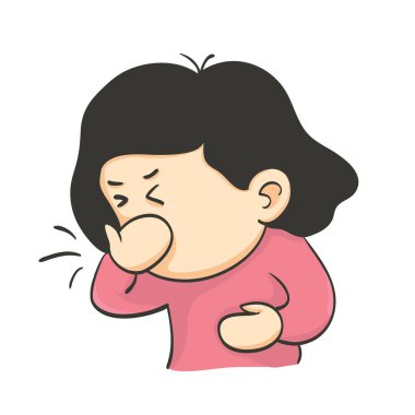 Çocukların öksürüğü var ve grip onun ağzını ve burnunu kapatıyor. Küçük kız grip olmuş. Öksürük ve hapşırığı ört..