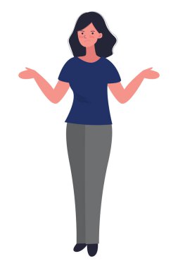 Resimde genç bir kadın ellerini yana açıyor. Kadın işaret ediyor ve bir şey gösteriyor ya da sunuyor.