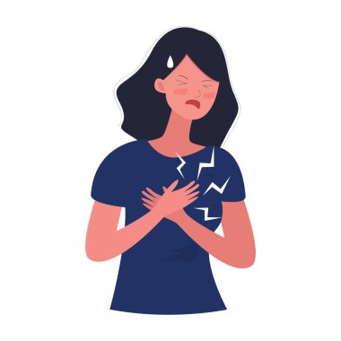 Genç bir kadın hasta. Hasta insanların bir tasviri. Resimlerde mutsuz karakter. Kalp hastalığı, nefes dışında illüstrasyon. dokunmak göğüs. 