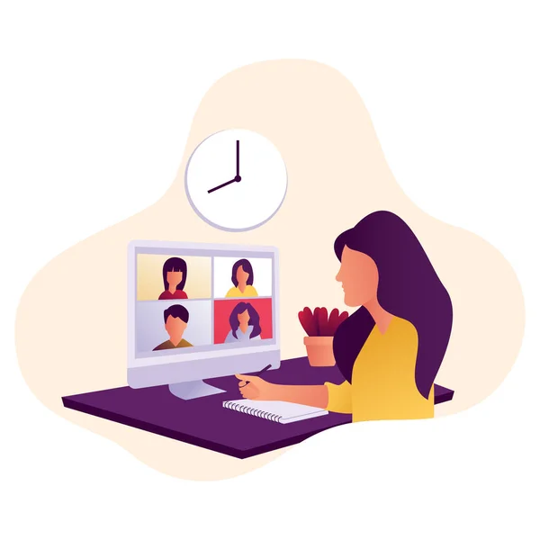 Öğrenmek için video konferans illüstrasyonu. e-öğrenme, online buluşma, ev illüstrasyonundan çalışma.