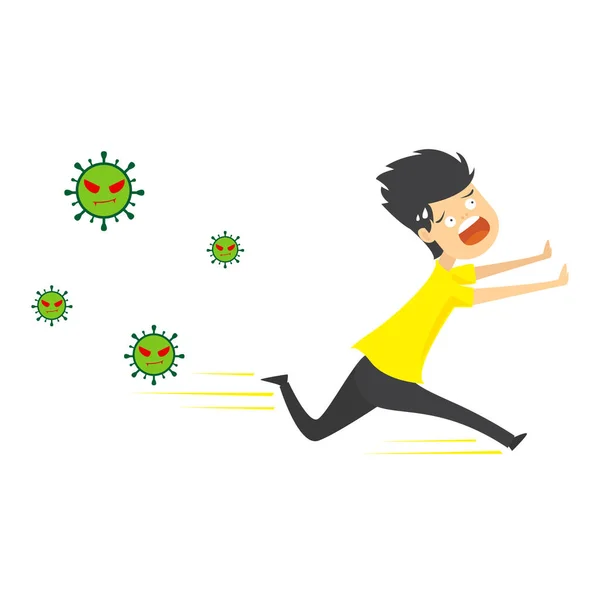 Young man running away from corona virus. Cartoon character of young guy  with scared face expression. Flat vector design. corona virus. covid-19. -  Stock Image - Everypixel