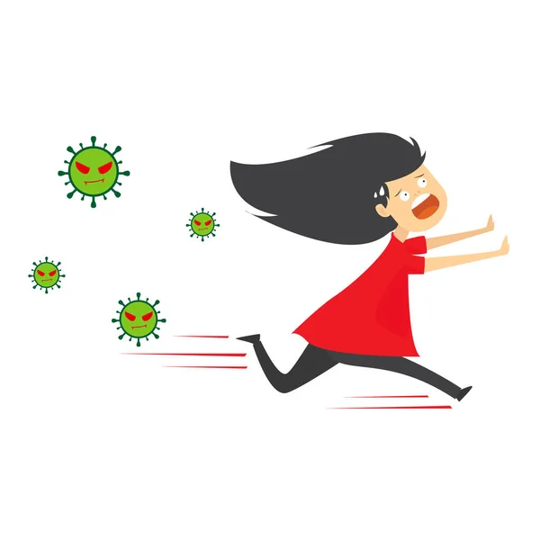 Junge Frau Auf Der Flucht Vor Coronavirus Karikatur Einer Jungen — Stockfoto