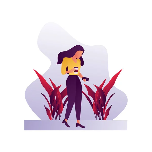 a woman walking, holding a coffee and a smartphone. business woman illustration with flat style.