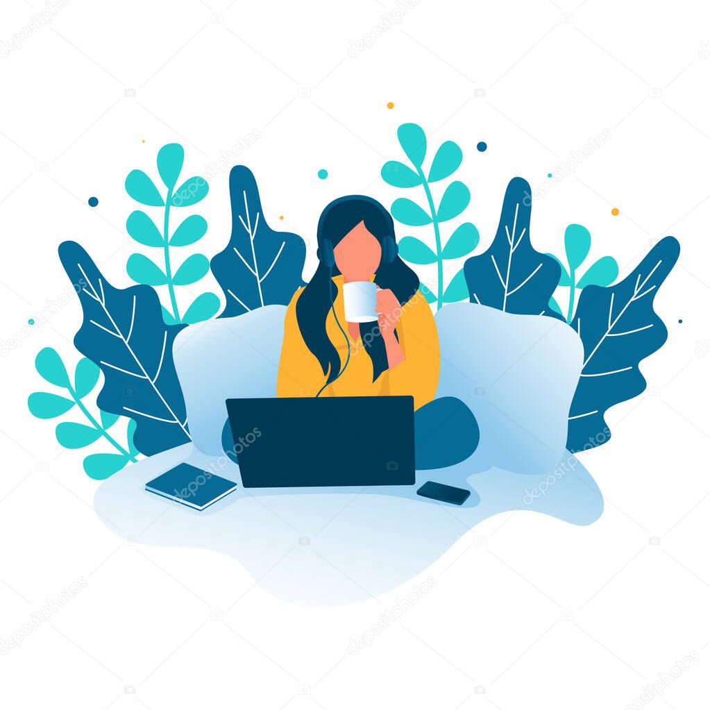 A Woman illustration listening to music from laptop while drinking coffee. Quarantine, stay at home concept series - people sitting at their home, room or apartment. 