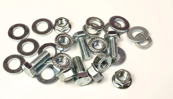 Een Groep Metalen Producten Bouten Moeren Ringen Wordt Van Dichtbij — Stockfoto