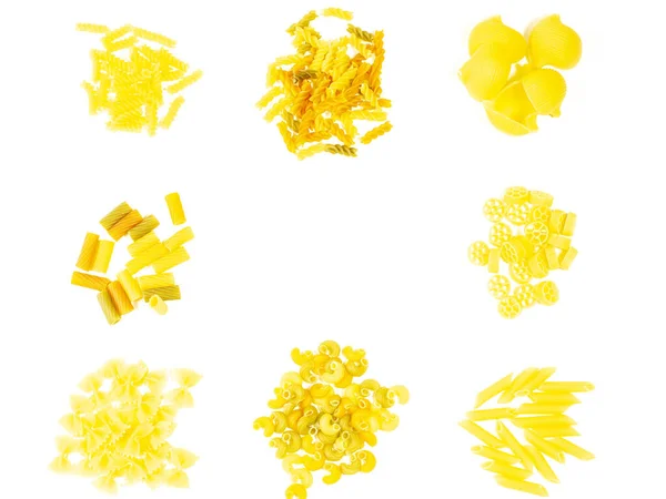 Several Types Italian Pasta Arranged Piles White Background — Stock Photo, Image