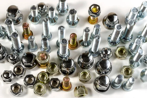 White Background Close New Shiny Nuts Bolts Car Top View Stock Photo