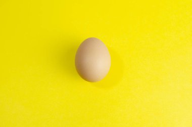 Sarı arka planda taze kahverengi tavuk yumurtası.