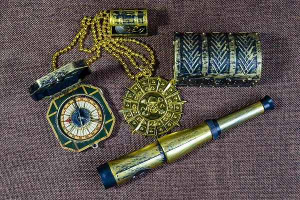 pirate treasure chest, old mars compass and spyglass