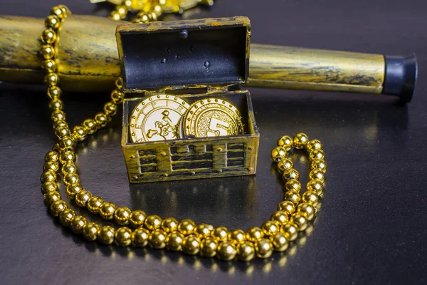 pirate treasure chest, golden pirate necklace close up