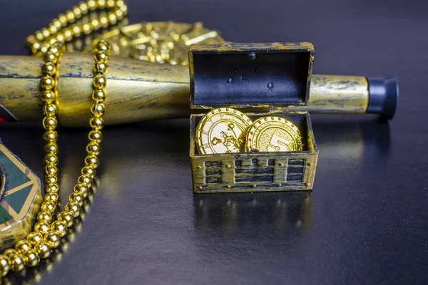 pirate treasure chest, golden pirate necklace close up