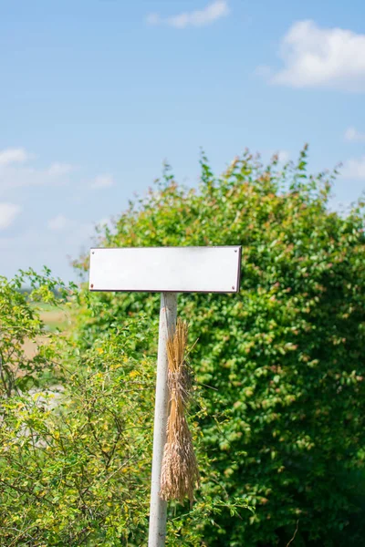 Empty blank sign post with no text. Green countryside background with blue sky. Sheaf of wheat attached to sign