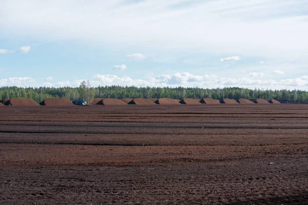 Peat Harvesting Field Piles Harvested Peat — Stock Photo, Image