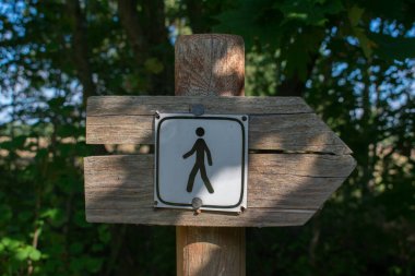 Yeşil arka planda, eski işaret direğine doğru yürüyorum. Tahta tabela ikiye bölündü..