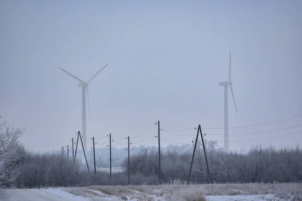 Landskap Två Stora Vita Vindkraftverk Dimma Med Elledningar Vintern — Stockfoto