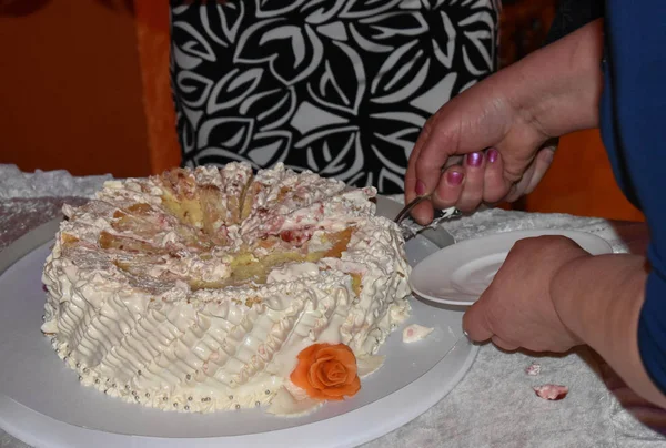 Female Hands Put Piece White Cake White Plate — Stock Photo, Image