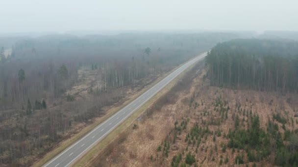 Karayolu üzerinde uçuşun hava görüntüsü sisli trafik, orman manzarası. — Stok video