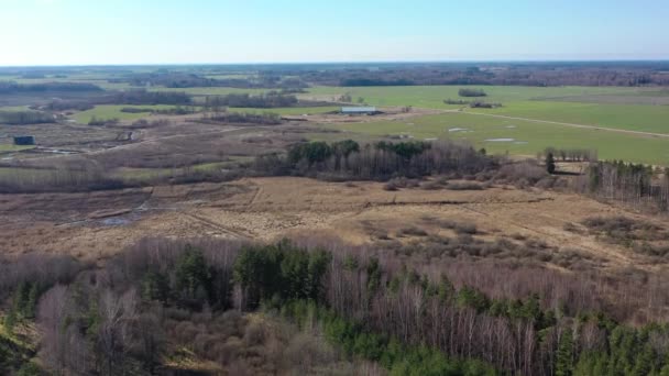 Vuelo aéreo sobre la naturaleza paisaje hermosos bosques campos. Cielo nublado . — Vídeo de stock