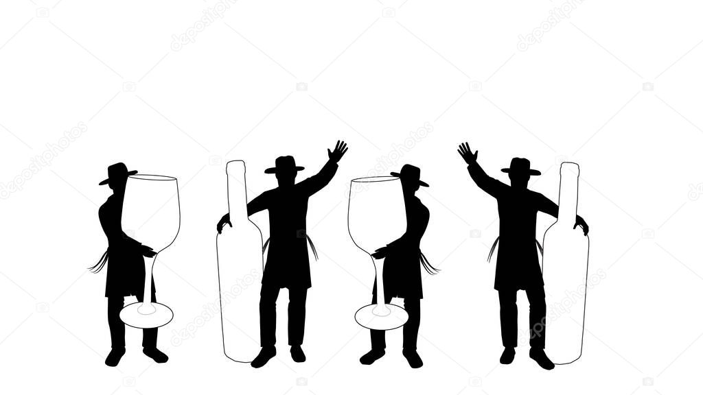 black and white silhouettes of an ultra Orthodox Jewish Hasidic figures. Dancing with a huge bottle of white wine. And with a huge glass of wine. Suitable for Jewish holidays, Jewish culture  banner
