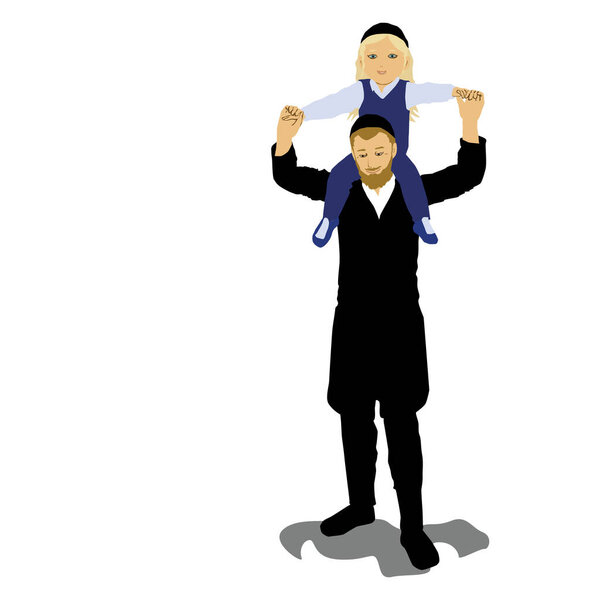 Hasidic father. An ultra-Orthodox Jew raises his little son on his shoulders.Upsherin celebration - a Jewish party before the boy's first haircut.Flat vector drawing of an isolated character.