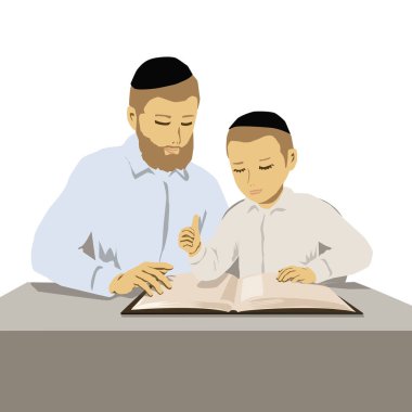 Torah 'ı inceleyen Ortodoks dindar baba ve oğul tablosu. Düğmeli gömlekli ve şapkalı iki düz figürün vektör çizimi..
