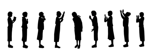 犹太妇女祈祷的轮廓 宗教极端东正教的母亲 有人安排 有人哭 有人求 有人向天举手 有人告白 每个字都是分开的 — 图库矢量图片