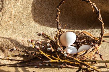 Easter unpaited white eggs in a basket with pussy willow