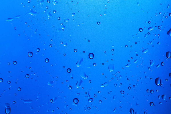 Blue water drops on blue background. Close up