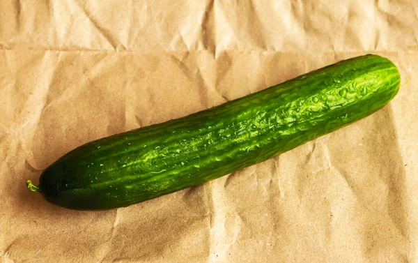 Arka planda su damlaları olan büyük salatalık. Üst görünüm