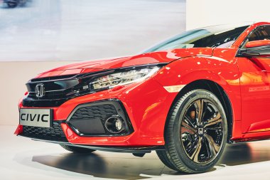 Paris, Fransa - Eylül 29, 2016:2016 Honda Civic Hatchback Porte de Versailles Paris Motor Show üzerinde sunulan