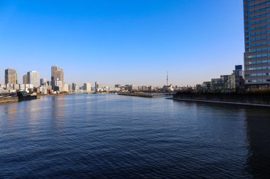 Köprüleri ve Sumida nehri olan mavi gökyüzü altında Tokyo