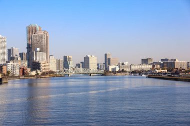 Köprüleri ve Sumida nehri olan mavi gökyüzü altında Tokyo