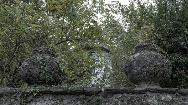 Eski taş duvar ve elma bahçesi — Stok fotoğraf