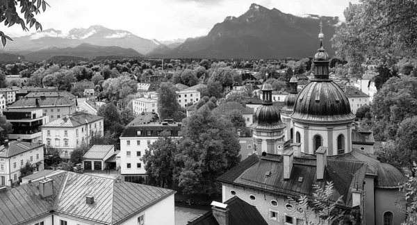 Ağaçları ve kilisesi olan Salzburg şehrinin genel manzarası — Stok fotoğraf