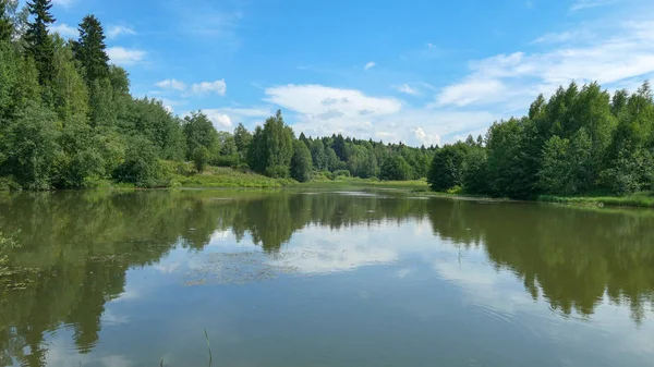 Rosyjski typowy krajobraz z lasu, rzeki, nieba, chmur i th — Zdjęcie stockowe