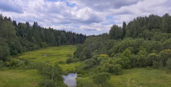 Krajobraz wiejski z lasem i rzeką w pochmurnych dramatach — Zdjęcie stockowe