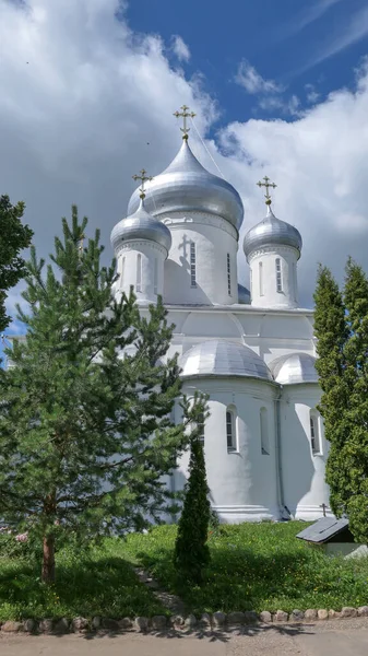 Λευκοί πύργοι του διάσημου ορθόδοξου μοναστηριού Nikitsky κάτω από μπλε cl — Φωτογραφία Αρχείου