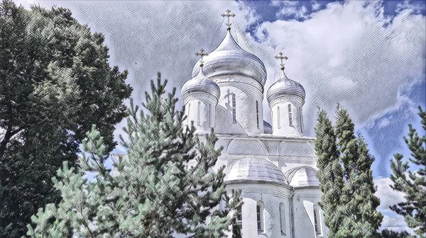 Фотографии старинных башен древней православной церкви Пе — стоковое фото