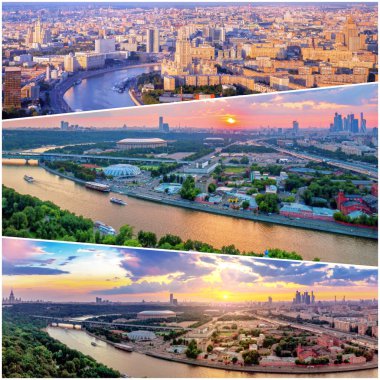 Moskova sehrinin yukarısındaki kentsel günbatımı görüntülerinin kolajı. Şehir nehri, gezici tekneler ve köprü üzerindeki bulut yansımaları.