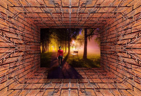 Kalejdoskopowy Gradient Widok Starego Tunelu Cegły Ściany Suchy Bluszcz Dziewczyna — Zdjęcie stockowe